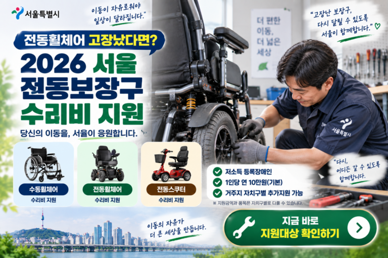 '많이 불편하셨지요' 2026 서울 장애인 전동보장구 수리비 지원|휠체어 고장났다면 수리비 확인하세요 7 서울 전동보장구 수리비 지원 안내 썸네일